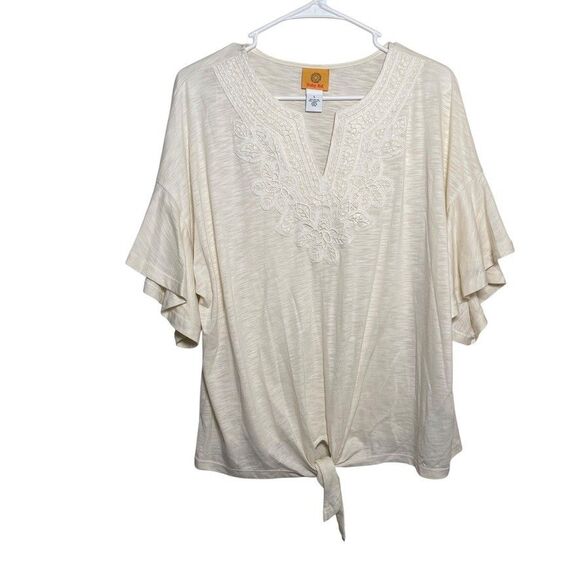 Ruby Rd Blouse Women's Large Boho Ivory Short Sleeve Tie Lace Shirt Top Casual - Picture 1 of 10